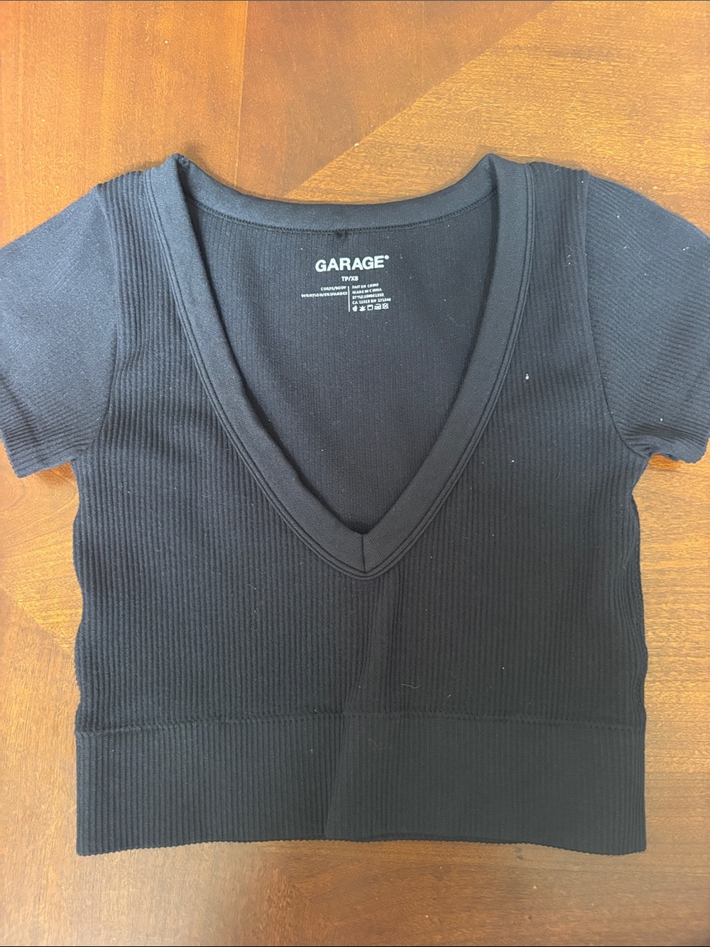 Garage Black Ribbed V-Neck Crop Tee